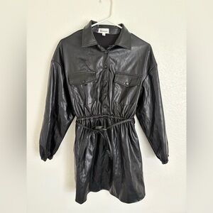 &Merci Faux Leather Mini Button Down Tie Trench Dress Women’s‎ Sz S Preppy Glam